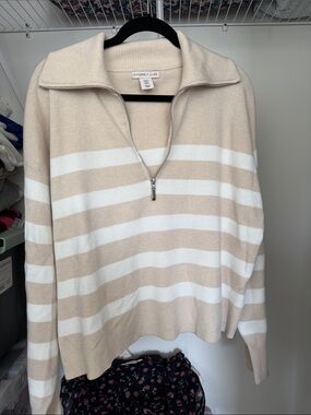 Sincerly Jules Cream & White Striped Zip-Front Turtleneck Sweater